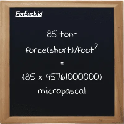 How to convert ton-force(short)/foot<sup>2</sup> to micropascal: 85 ton-force(short)/foot<sup>2</sup> (tf/ft<sup>2</sup>) is equivalent to 85 times 95761000000 micropascal (µPa)